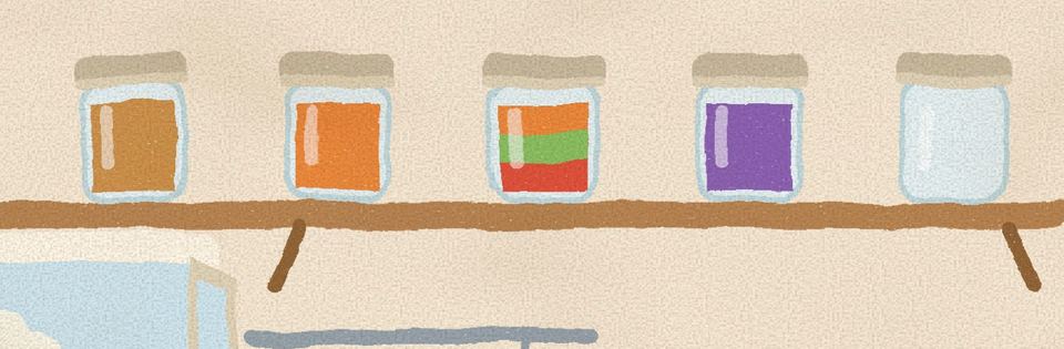 A shelf of jars a child filled with soup: orange, striped and purple