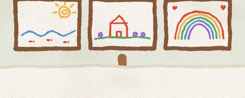Three pictures a child painted, hung on the studio wall: the sea, a house and a rainbow