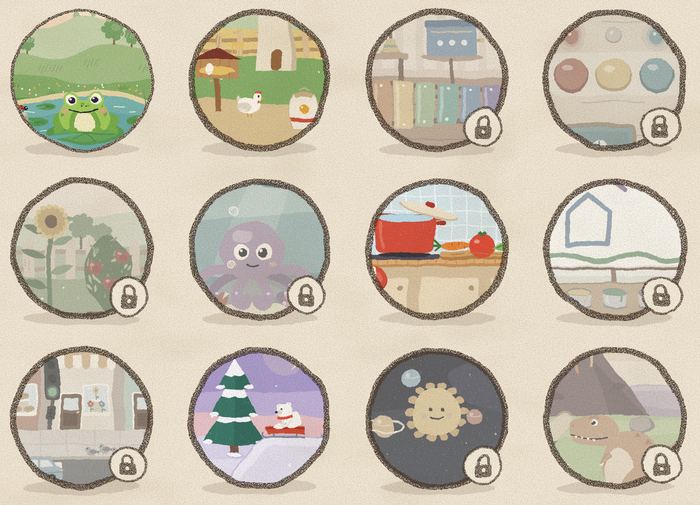 The world picker: twelve round windows; the pond, the farm, the kitchen and winter are open, the other eight have a small padlock