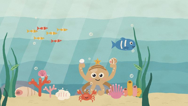 Under the sea: an octopus holding shells and a starfish, with a crab, corals and a little shoal of fish