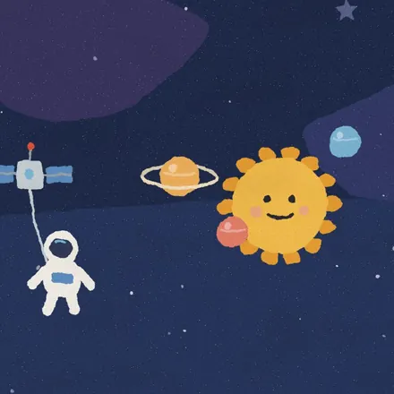 Space: a smiling sun, planets and an astronaut