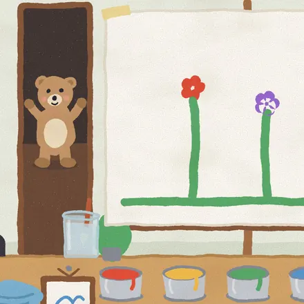 The studio: a bear and a painting of flowers